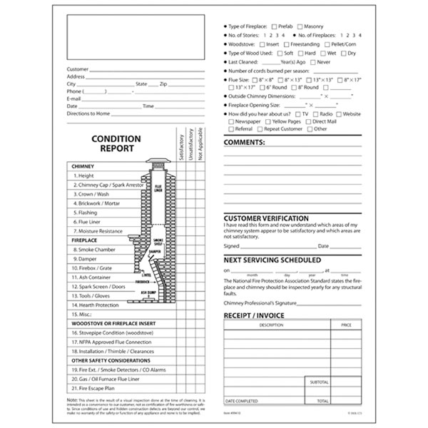Chimney Condition Report With Check Off Boxes, Pack Of 50 Triplicate Forms