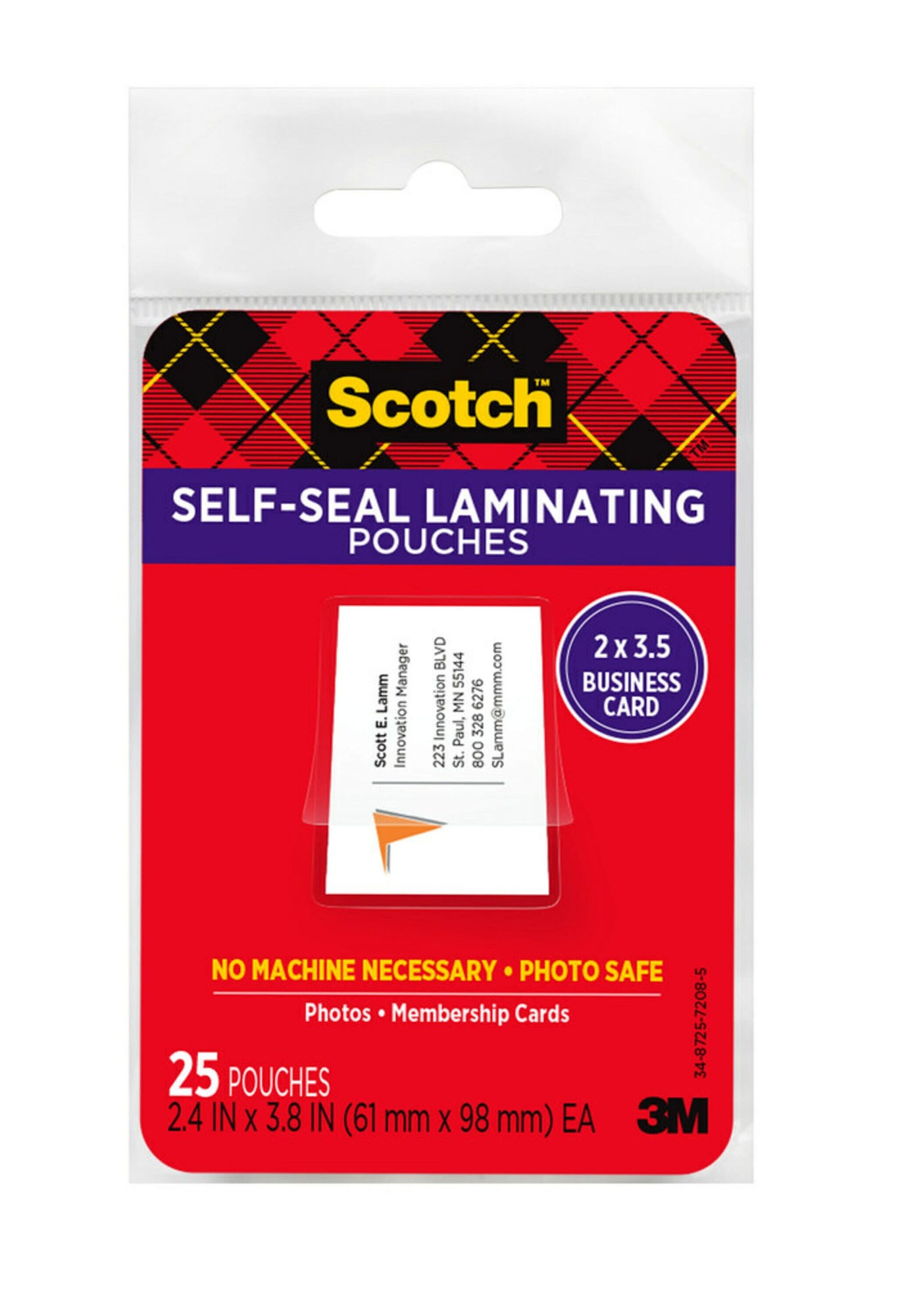 Self-Sealing Laminating Pouches, 9.5 mil, 2 7/16 x 3 7/8, Business Card Size, 25