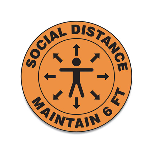 Slip-Gard Social Distance Floor Signs, 17" Circle, "Social Distance Maintain 6 ft", Human/Arrows, Orange, 25/Pack