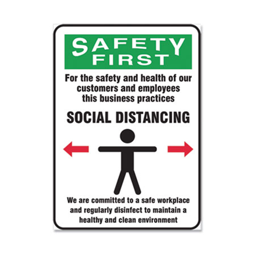 Social Distance Signs, Wall, 10 x 14, Customers and Employees Distancing Clean Environment, Humans/Arrows, Green/White, 10/PK