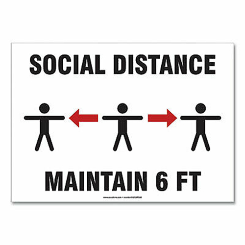 Social Distance Signs, Wall, 10 x 7, "Social Distance Maintain 6 ft", 3 Humans/Arrows, White, 10/Pack