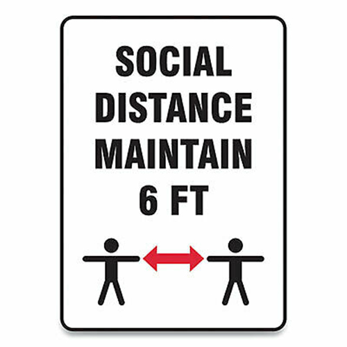 Social Distance Signs, Wall, 7 x 10, "Social Distance Maintain 6 ft", 2 Humans/Arrows, White, 10/Pack