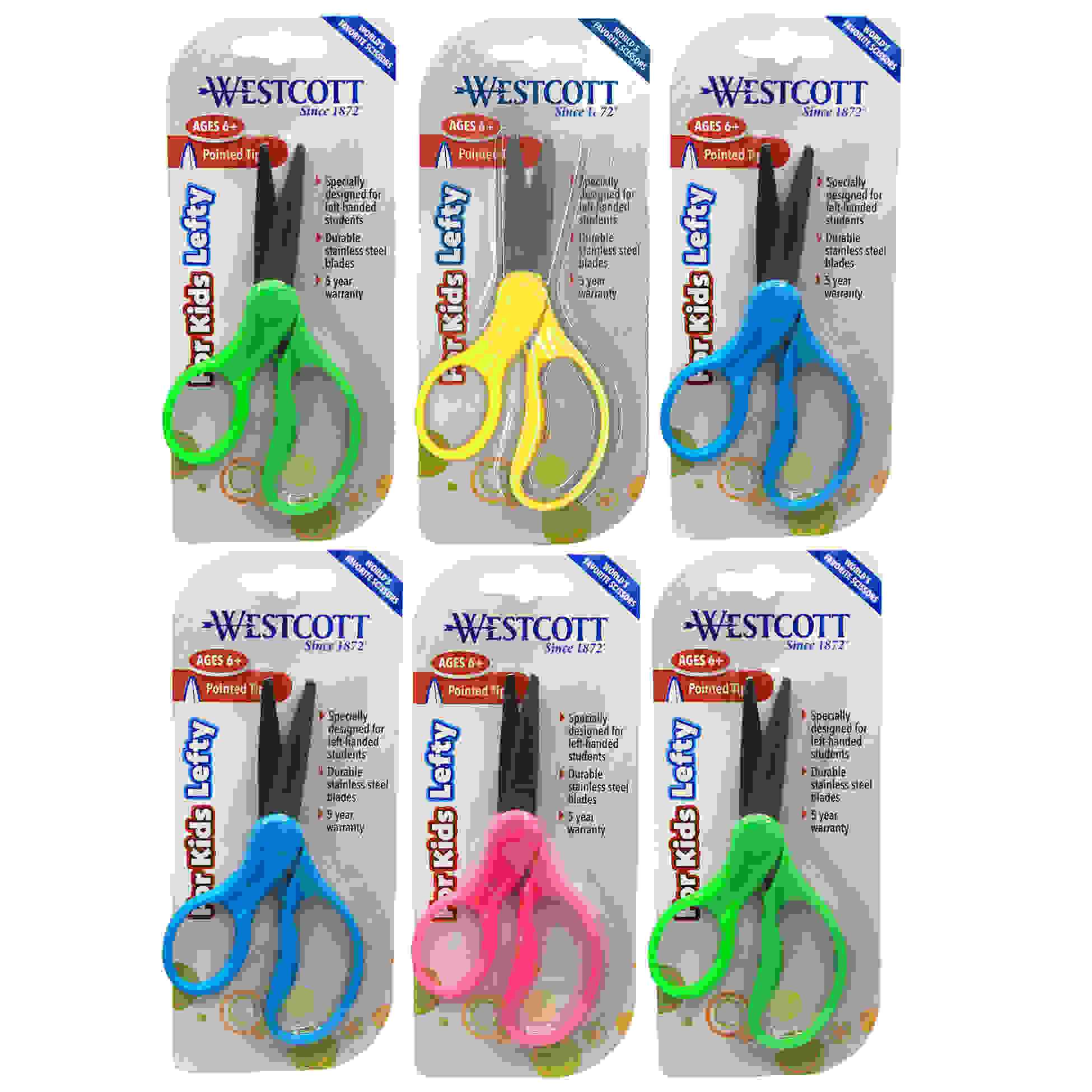 School Left-Handed Kids Scissors, Assorted Colors, 5" Pointed, Pack of 6