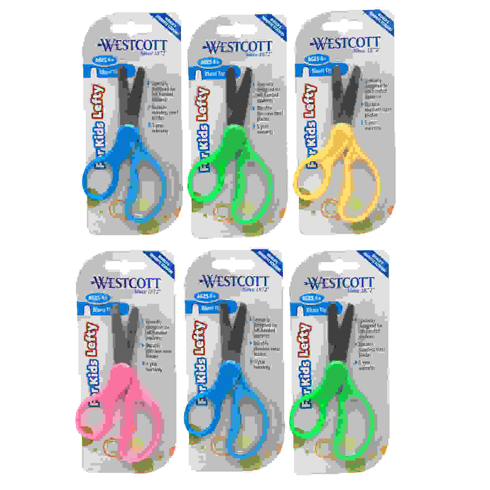 School Kumfy Grip Left-Handed Kids Scissors, 5" Blunt, Assorted Colors, Pack of 6