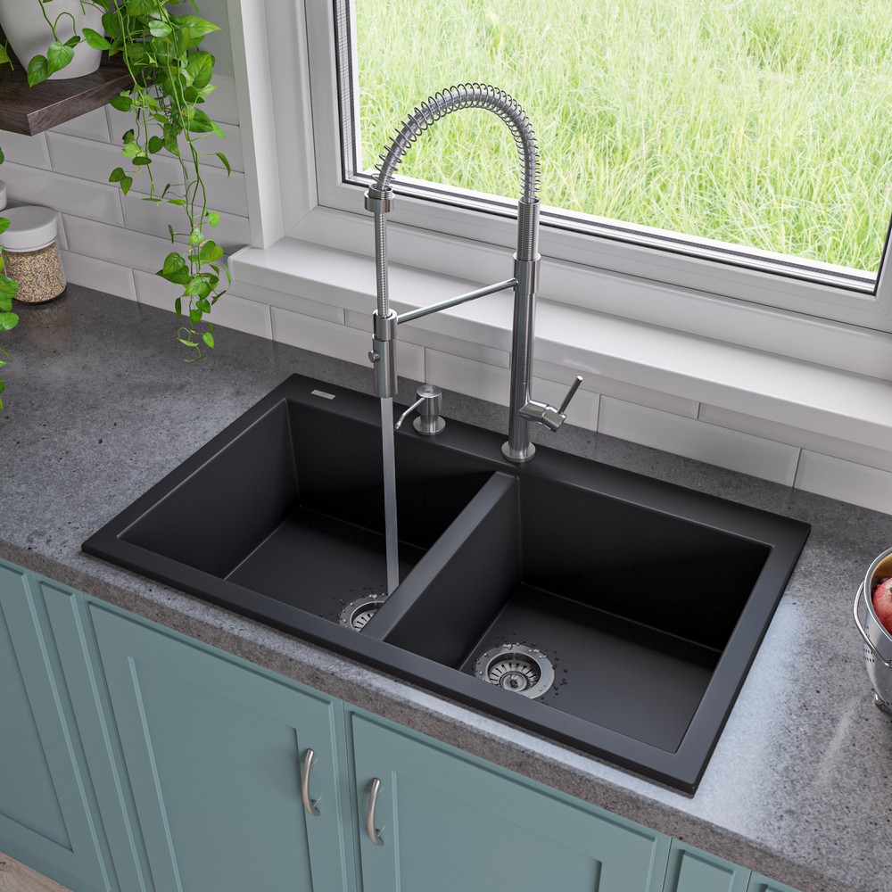 ALFI brand AB3420DI-BLA Black 34" Drop-In Double Bowl Granite Composite Kitchen Sink