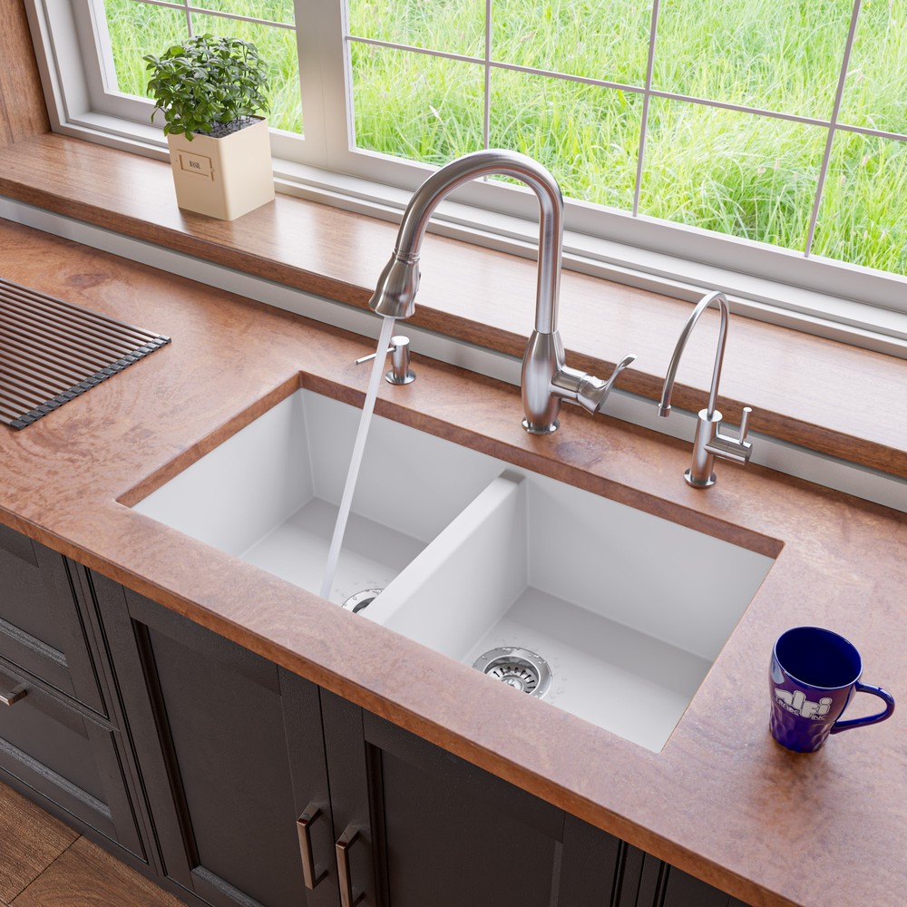 ALFI brand AB3420UM-W White 34" Undermount Double Bowl Granite Composite Kitchen Sink