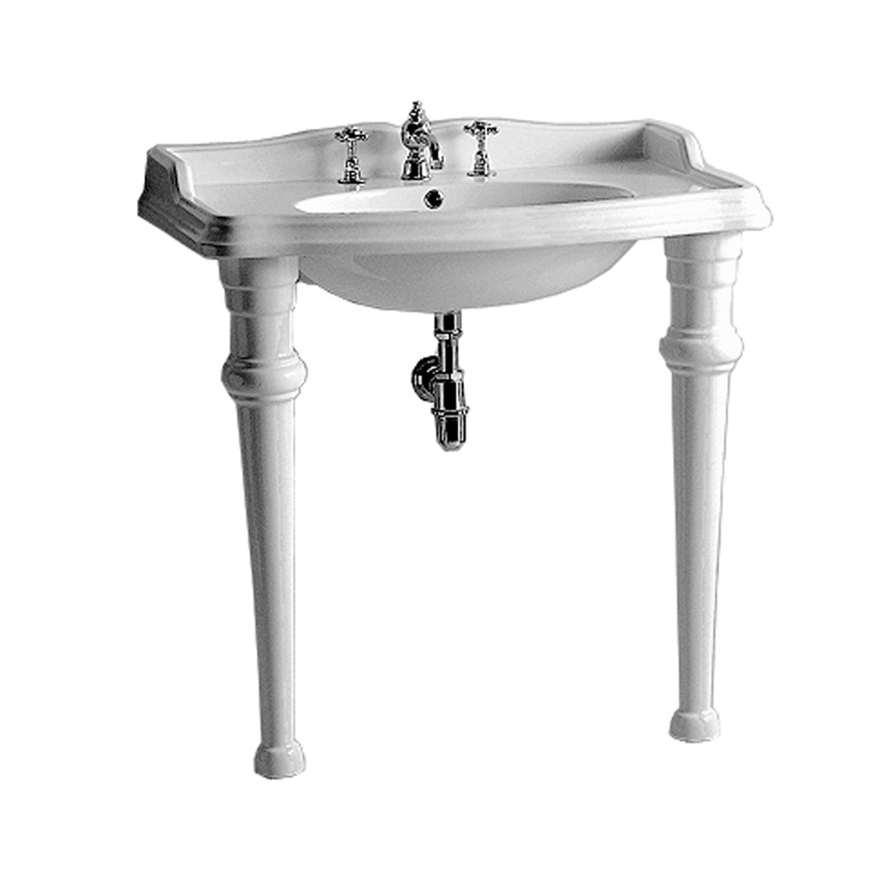 Isabella Collection Rectangular Console with integrated oval bowl, widespread faucet drill, backsplash, ceramic leg support and