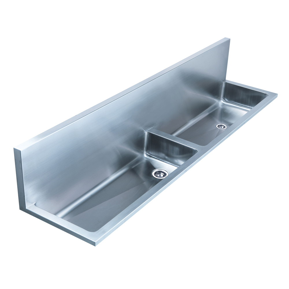 Noah's Collection Brushed Stainless Steel Double Bowl Wall Mount Utility Sink with 2 1/2" Far Right Center Drain in the Left Bow