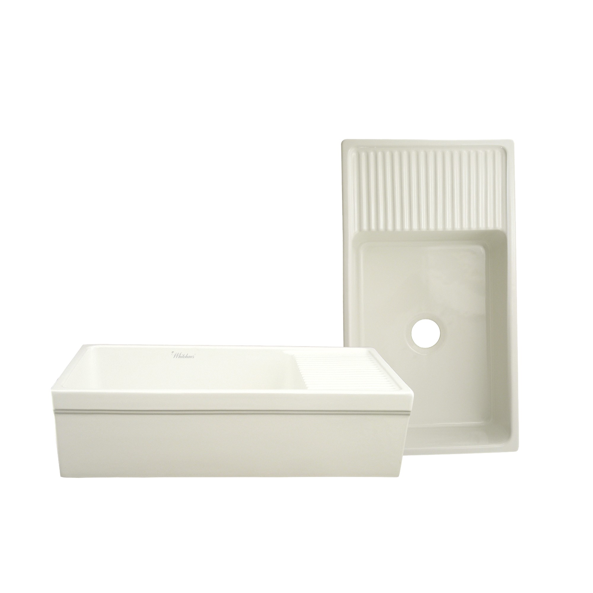 Farmhaus Fireclay Quatro Alcove Large Reversible Sink with Integral Drainboard and Decorative 2 +" Lip on Both Sides