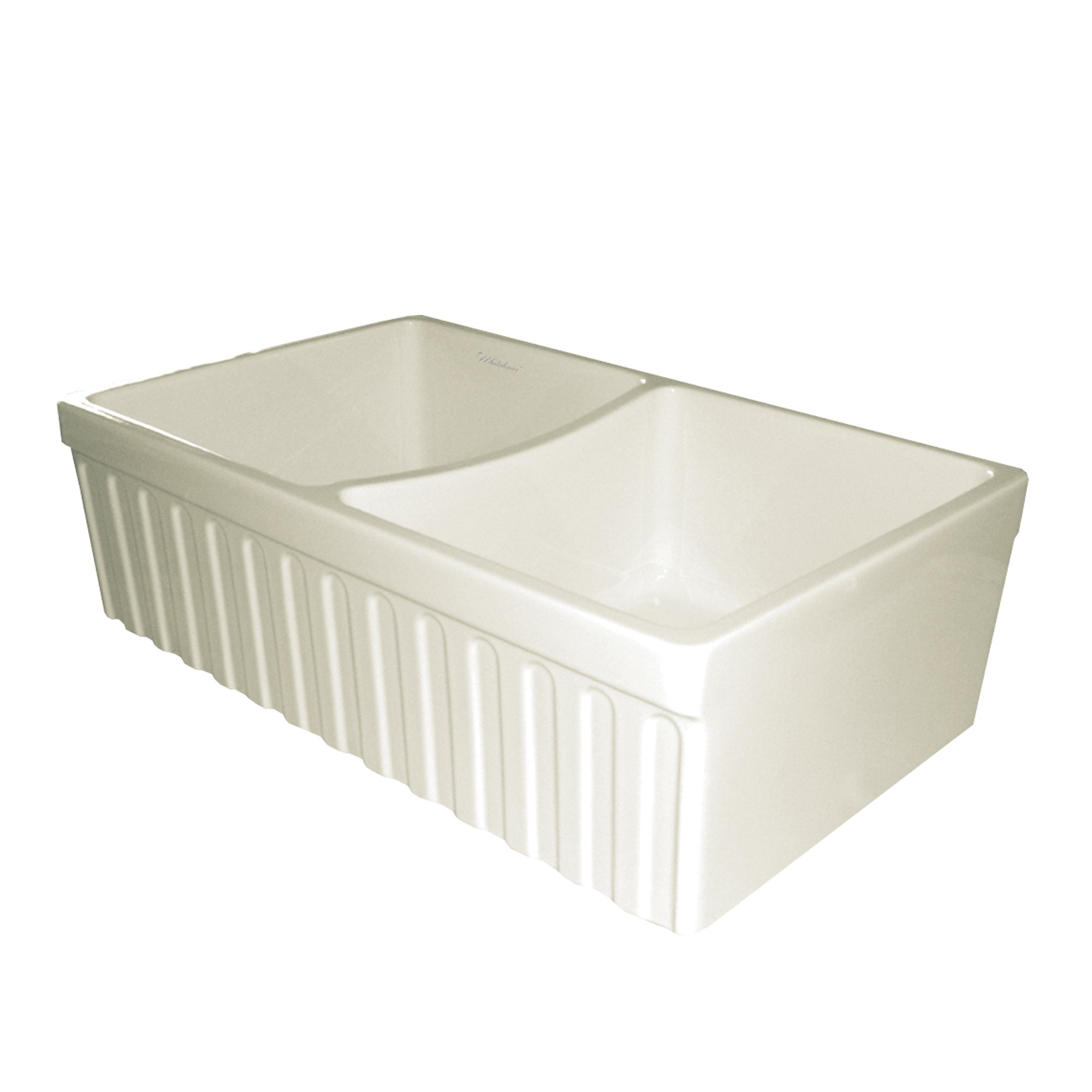 Farmhaus Fireclay Quatro Alcove Reversible Double Bowl Sink with a Fluted Front Apron and 2" Lip on One Side and 2 +" Lip on the