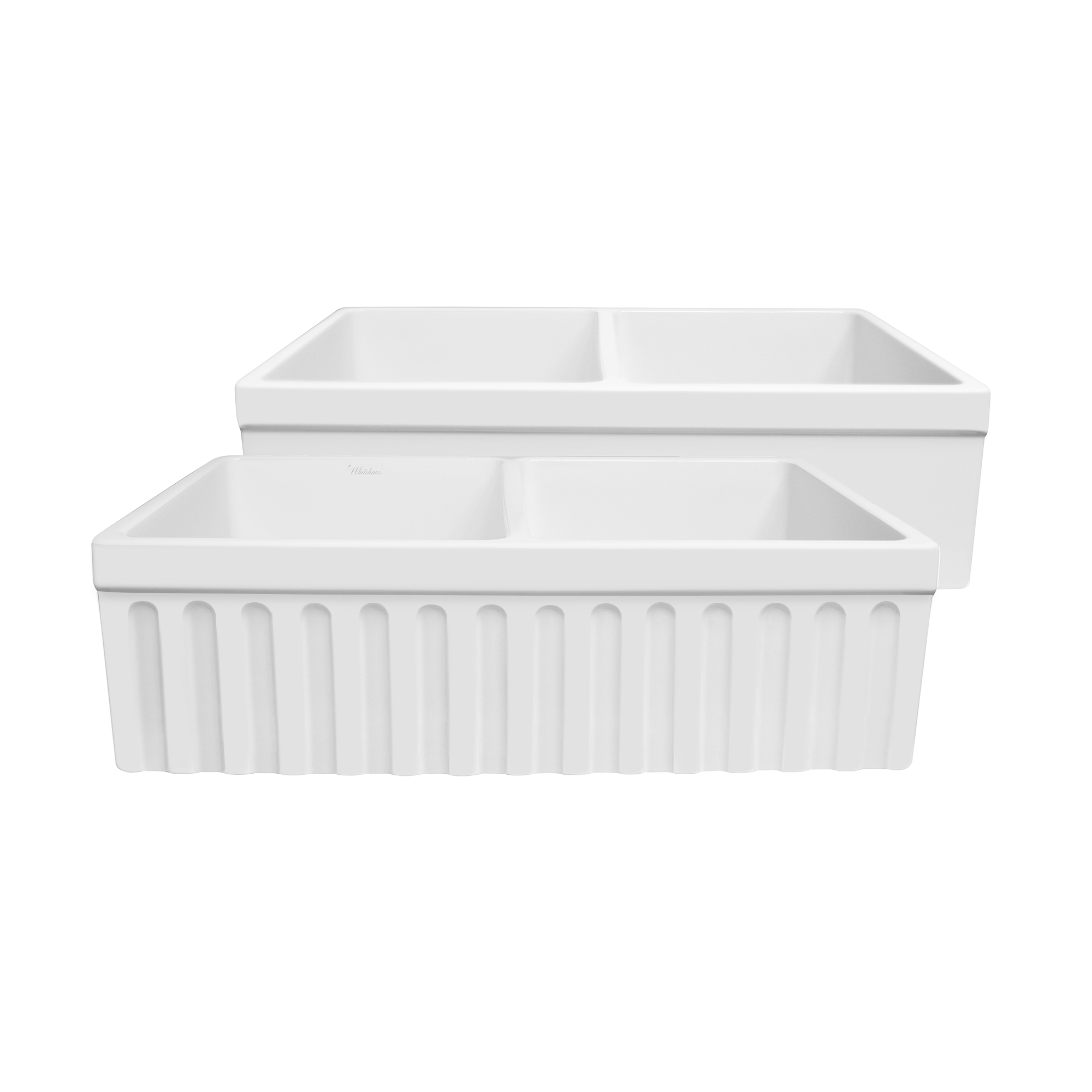 Farmhaus Quatro Alcove Reversible Matte Double Bowl  Fireclay Kitchen Sink with Fluted  2" Lip Front Apron on one Side and a 2 +