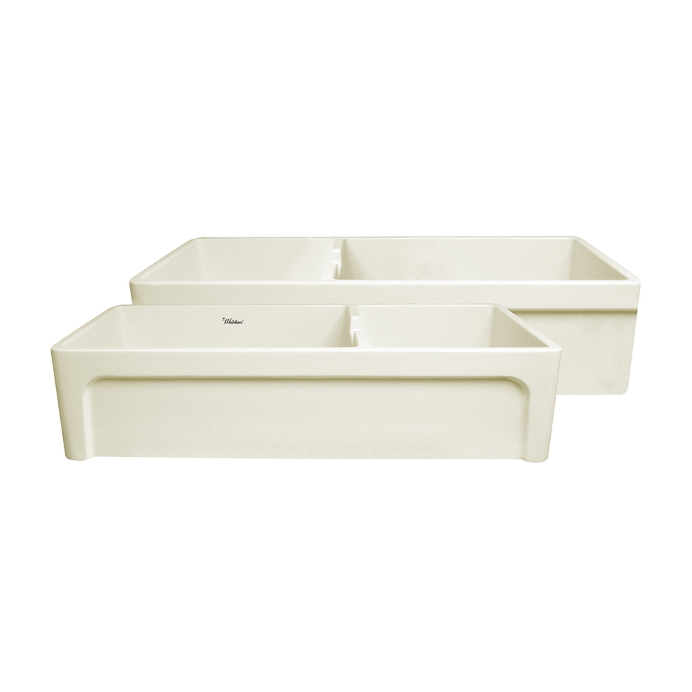 Glencove Fireclay 42" Large Double Bowl  Reversible Sink with an Elegant Beveled Front Apron on One Side and a Decorative Lip on