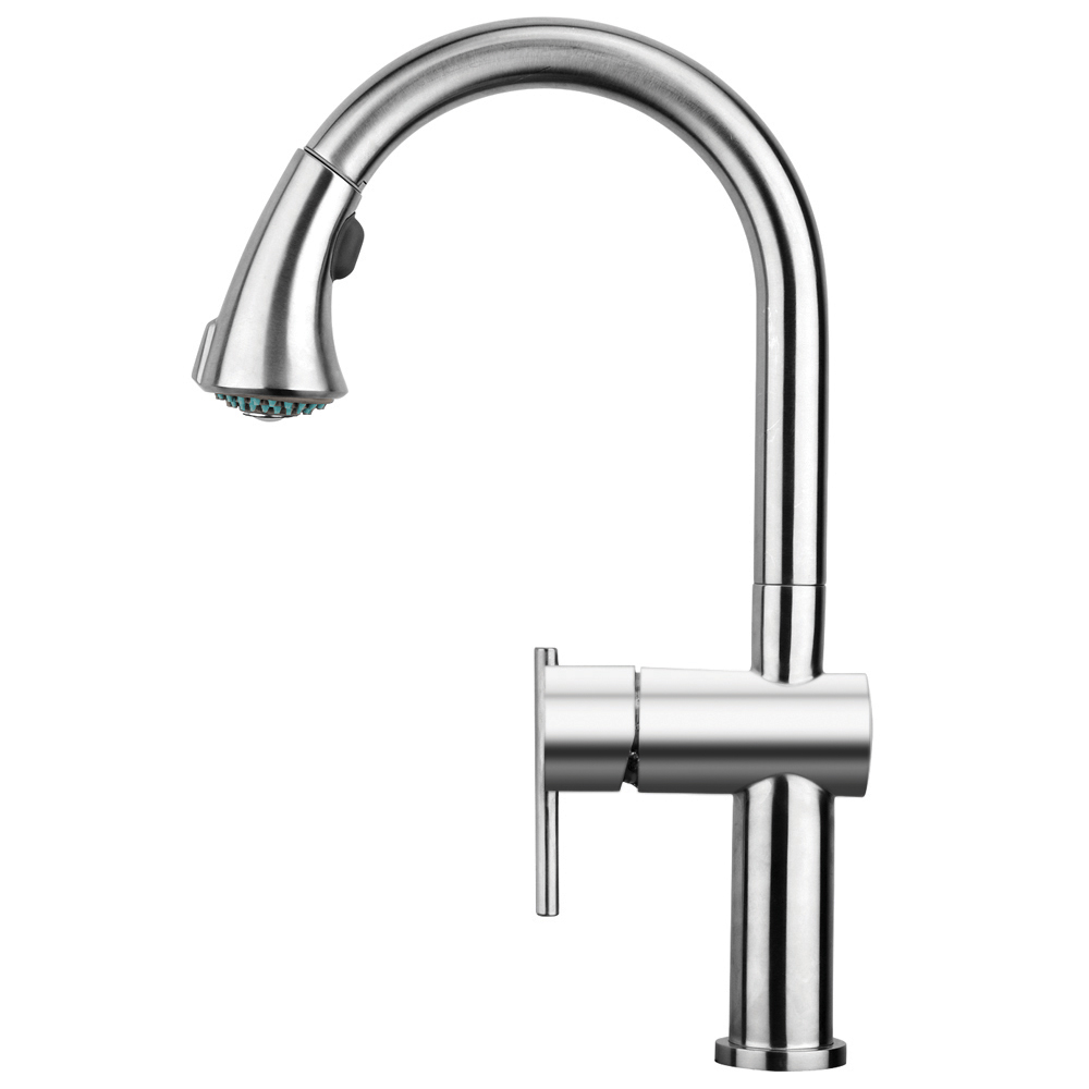 Waterhaus Lead Free, Solid Stainless Steel Single-Hole Faucet with Gooseneck Swivel Spout Pull Down Spray Head and Solid Lever H