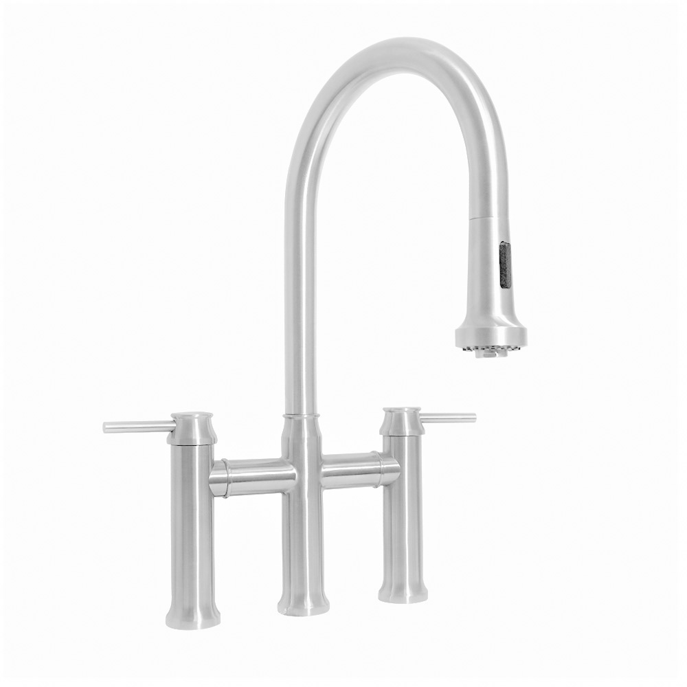 Waterhaus Lead-Free Solid Stainless Steel Bridge Faucet with a Gooseneck Swivel Spout, Pull Down Spray Head and Solid Lever Hand