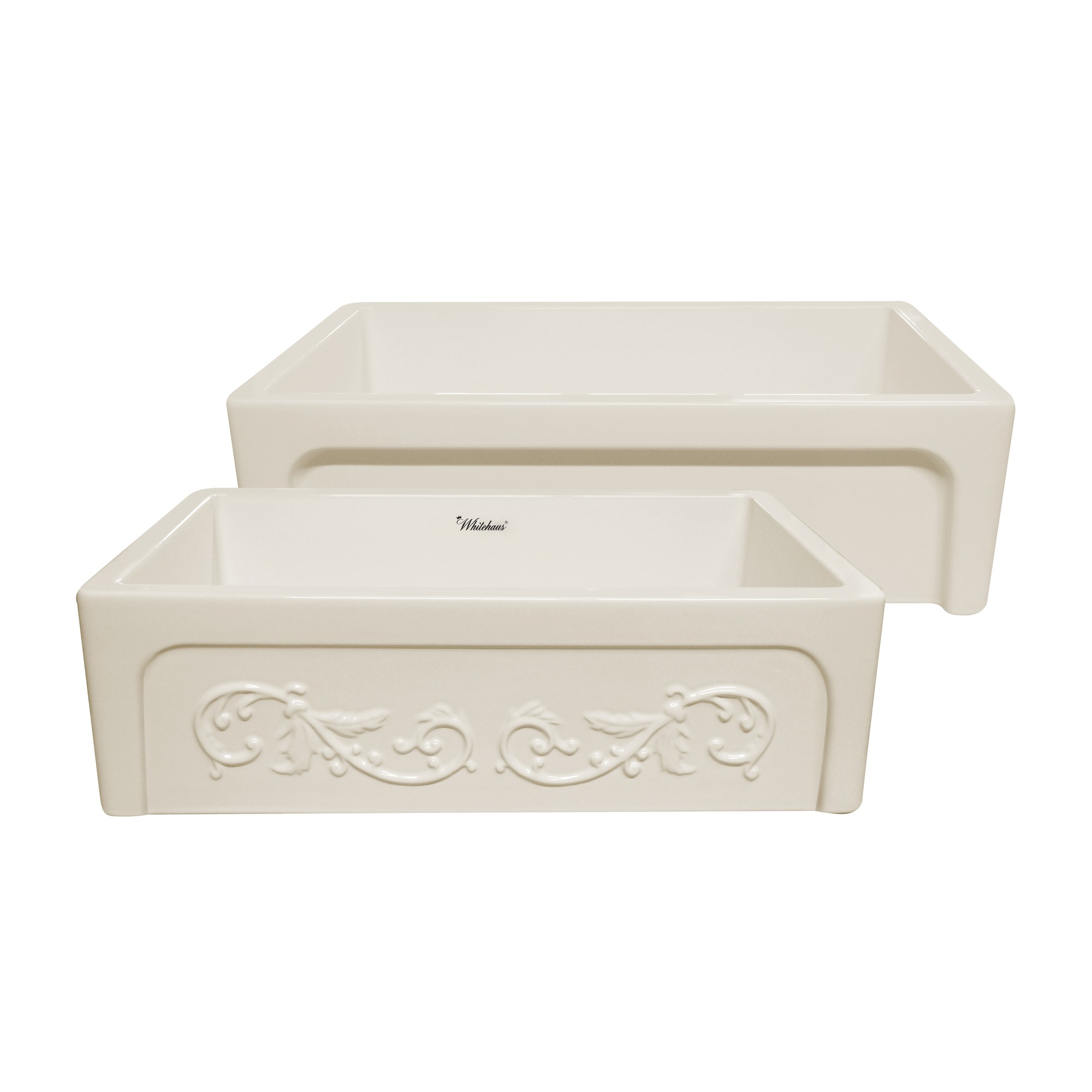 Glencove St. Ives 33" Front Apron Fireclay Sink with an Intricate Vine Design on one side and an Elegant Plain Beveled Front Apr