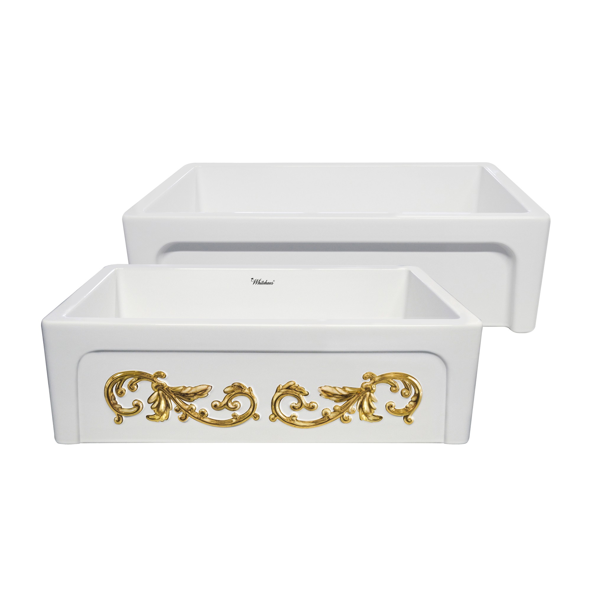 St. Ives Ornamental 33" Reversible Fireclay Kitchen Sink with  Intricate Embossed Vine Design Front Apron on one side and an Ele