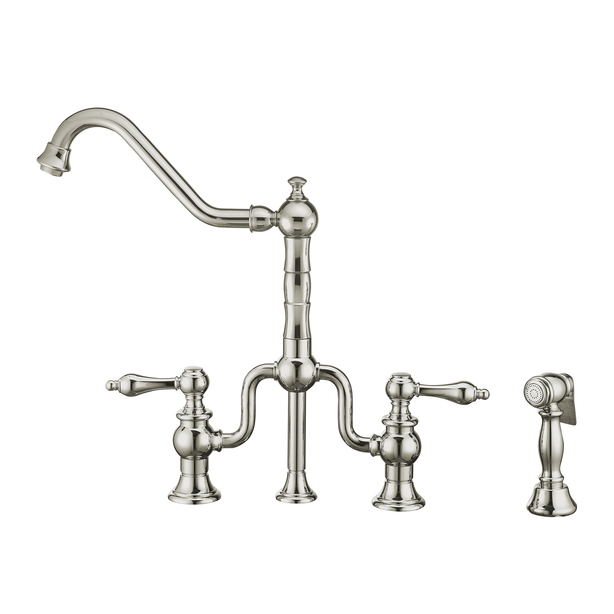 Twisthaus Plus Bridge Faucet with Long Traditional Swivel Spout, Lever Handles and Solid Brass Side Spray