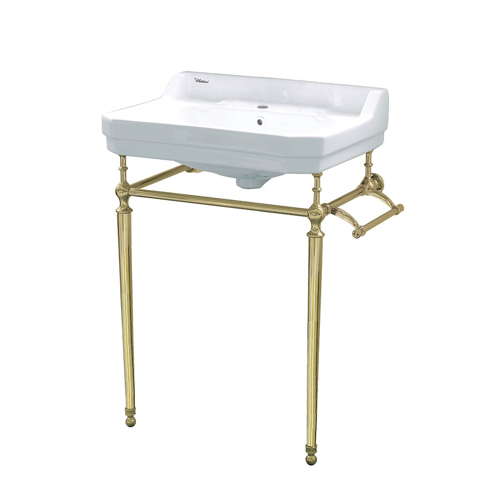 Victoriahaus console with integrated rectangular bowl with single hole drill, Polished Brass leg support, interchangable towel b