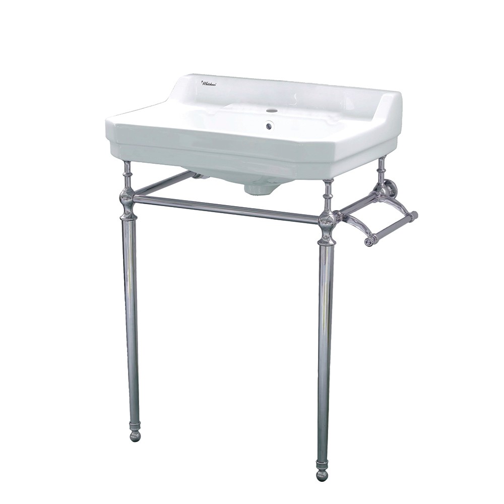 Victoriahaus console with integrated rectangular bowl with single hole drill, Brushed Nickel leg support, interchangable towel b