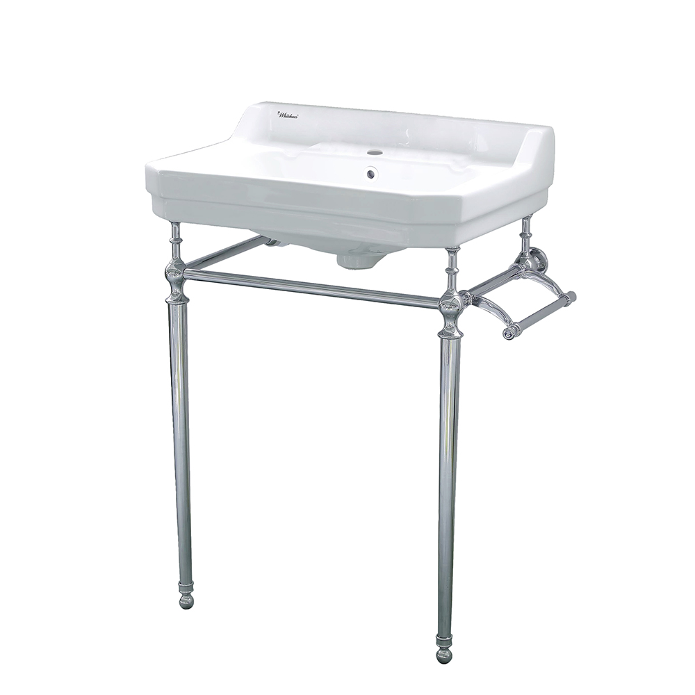 Victoriahaus rectangular basin china console with single hole faucet drill,  polished chrome leg supports with towel bar, backsp