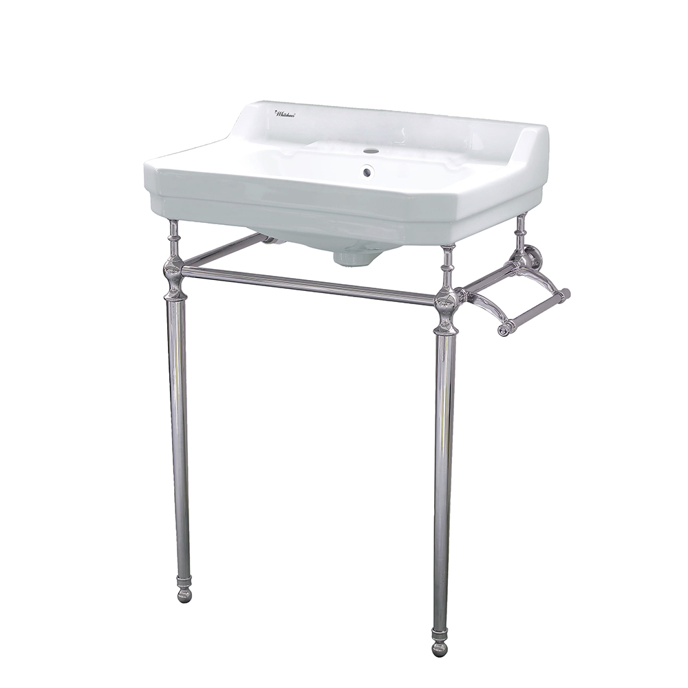 Victoriahaus console with integrated rectangular bowl with single hole drill, Polished Nickel leg support, interchangable towel