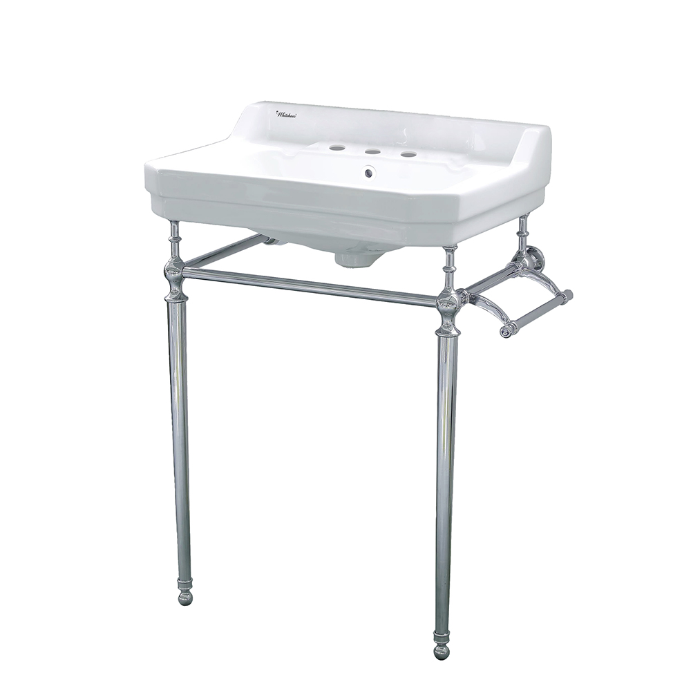 Victoriahaus console with integrated rectangular bowl with widespread hole drill, polished chrome leg support, interchangable to