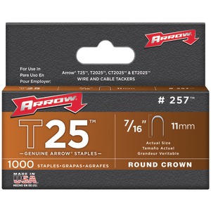 Arrow 257 T25 Round Crown Staples, 7/16"; 1,000 pk