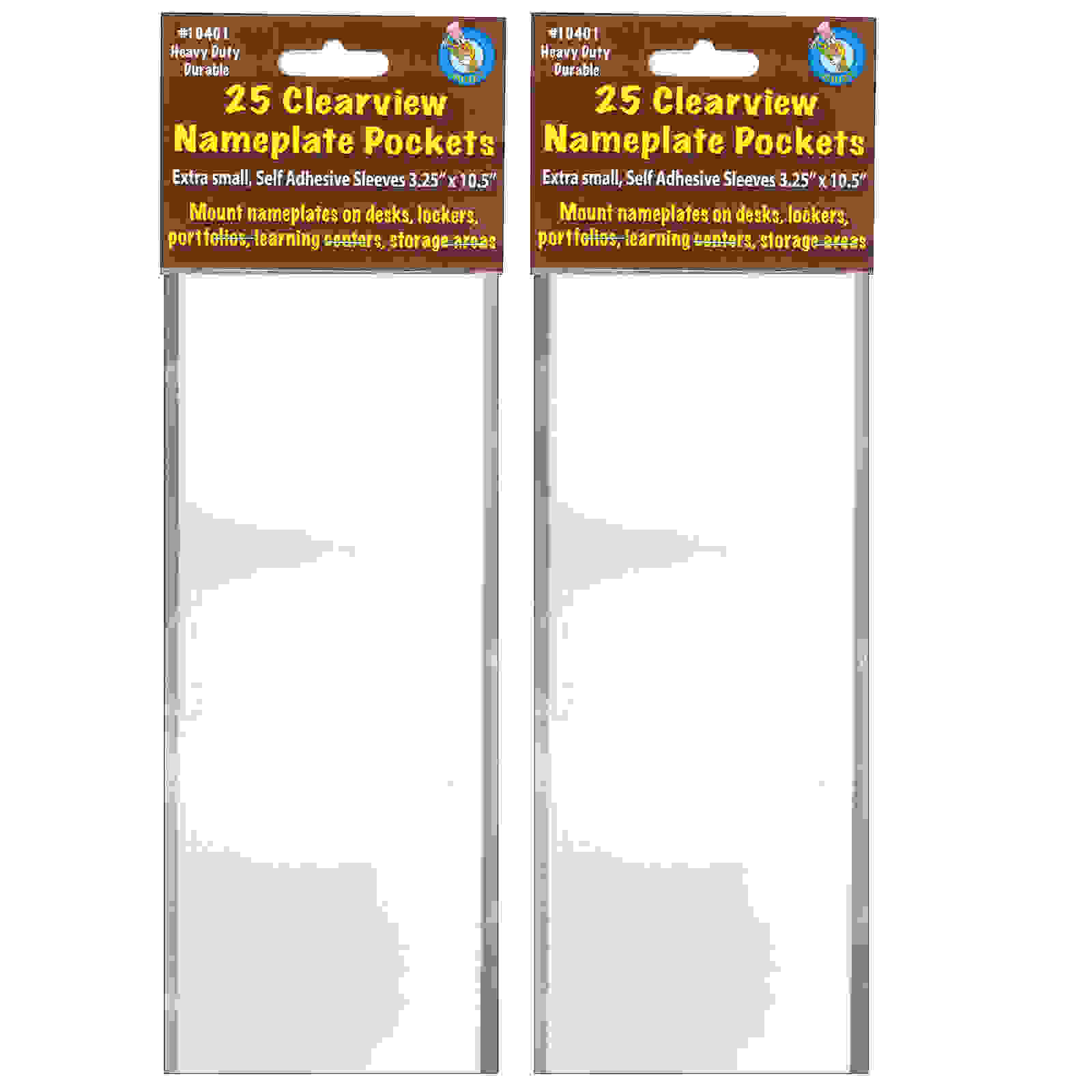 Clear View Self-Adhesive Extra Small Name Plate Pocket 3-1/4" x 10-1/2", 25 Per Pack, 2 Packs