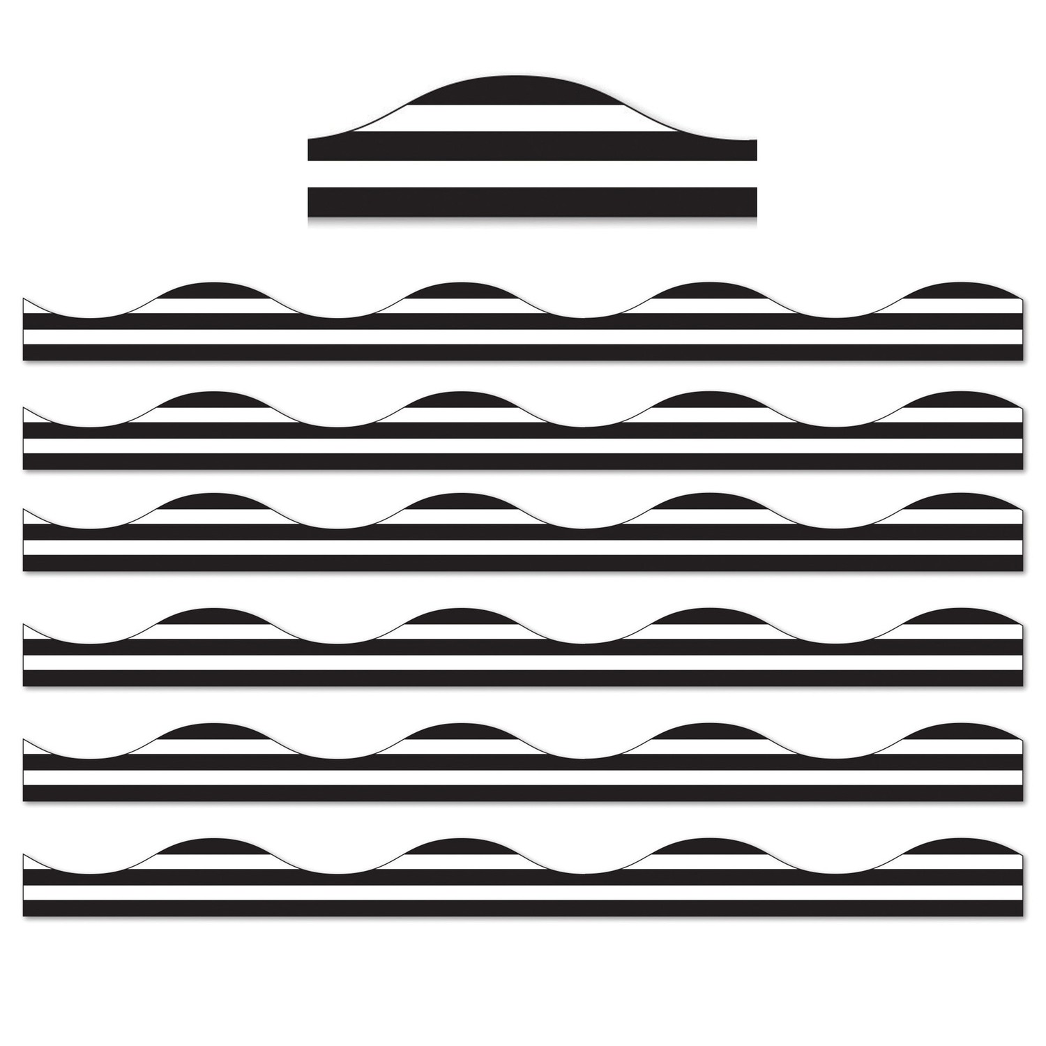 Magnetic Scallop Border, Black Horizontal Stripes on White, 12 Feet Per Pack, 6 Packs