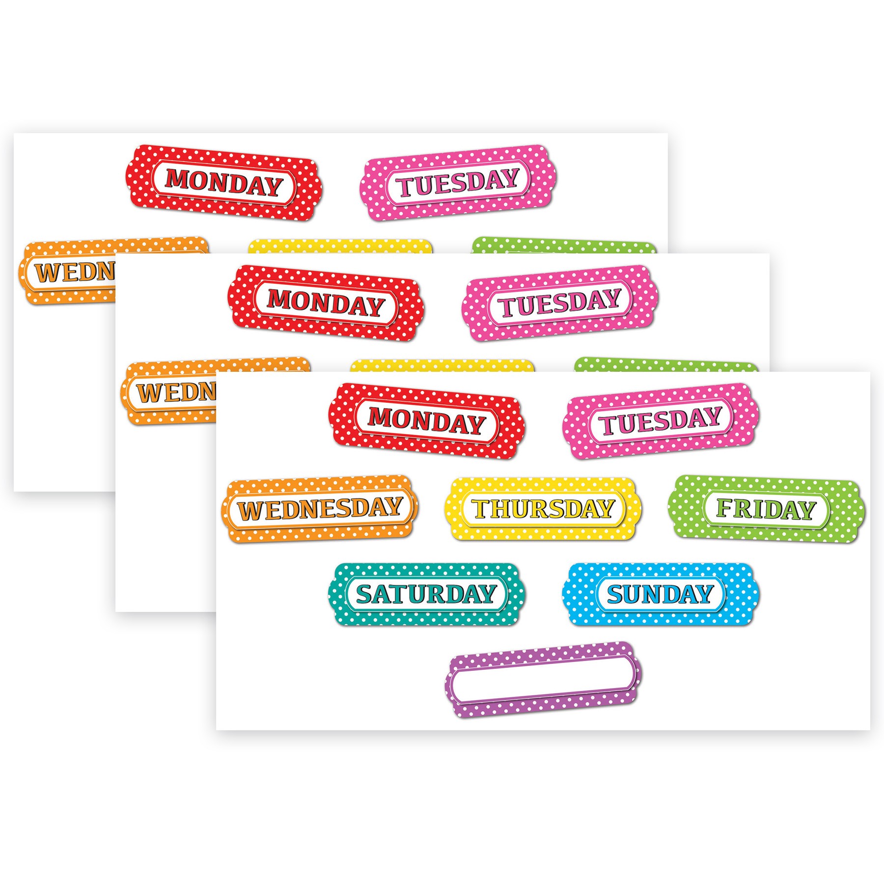 Magnetic Die-Cut Timesavers & Labels, Days of the Week, White Polka Dots On Assorted Colors, 8 Per Pack, 3 Packs