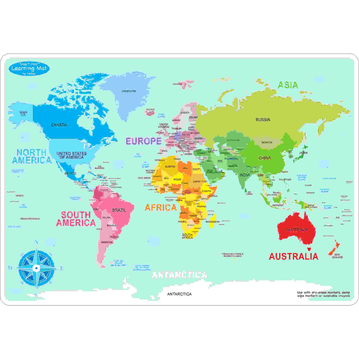 Smart Poly Learning Mats, 12" x 17", Double-Sided, World Basic Map, Pack of 10