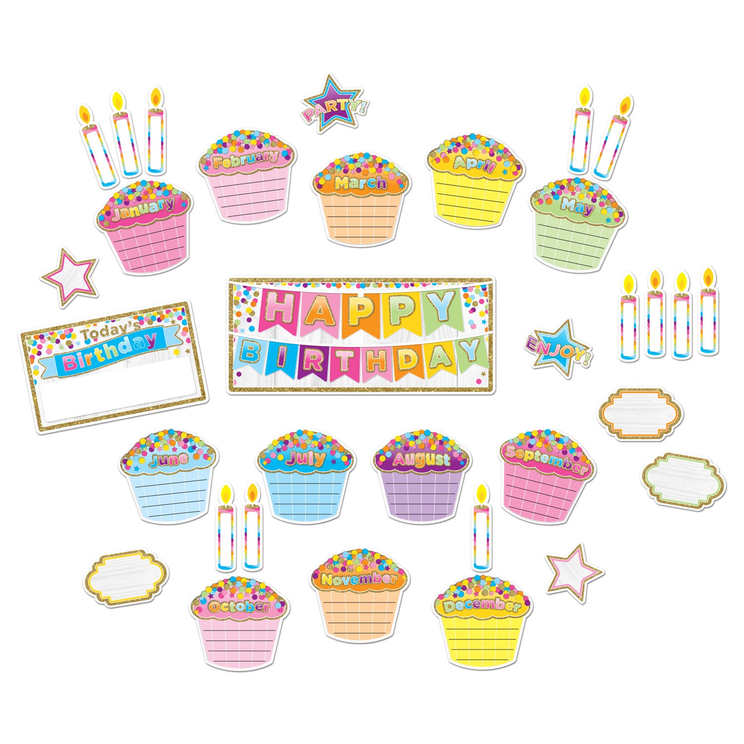 Smart Poly Mini Bulletin Board Set, Birthday Confetti Design, 33 Pieces