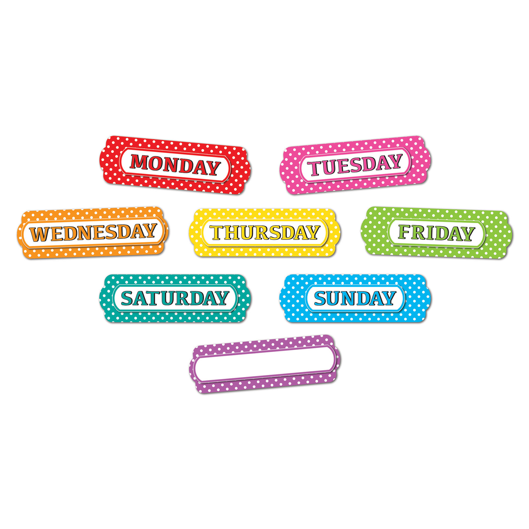 Magnetic Die-Cut Timesavers & Labels, Days of the Week, White Polka Dots On Assorted Colors, 8 Pieces