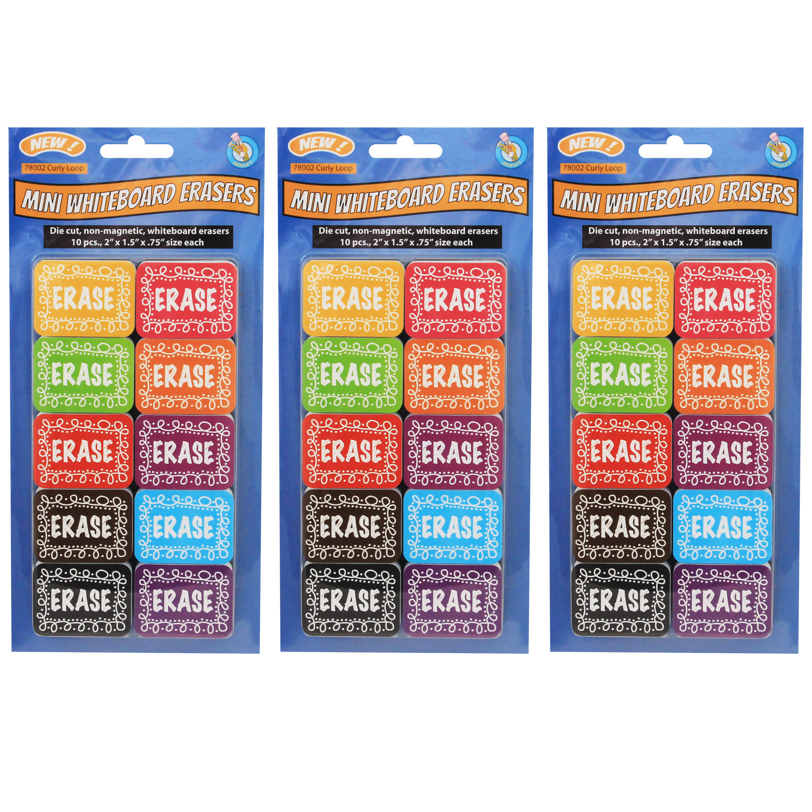 Non-Magnetic Mini Whiteboard Erasers, Chalk Loop, 10 Per Pack, 3 Packs