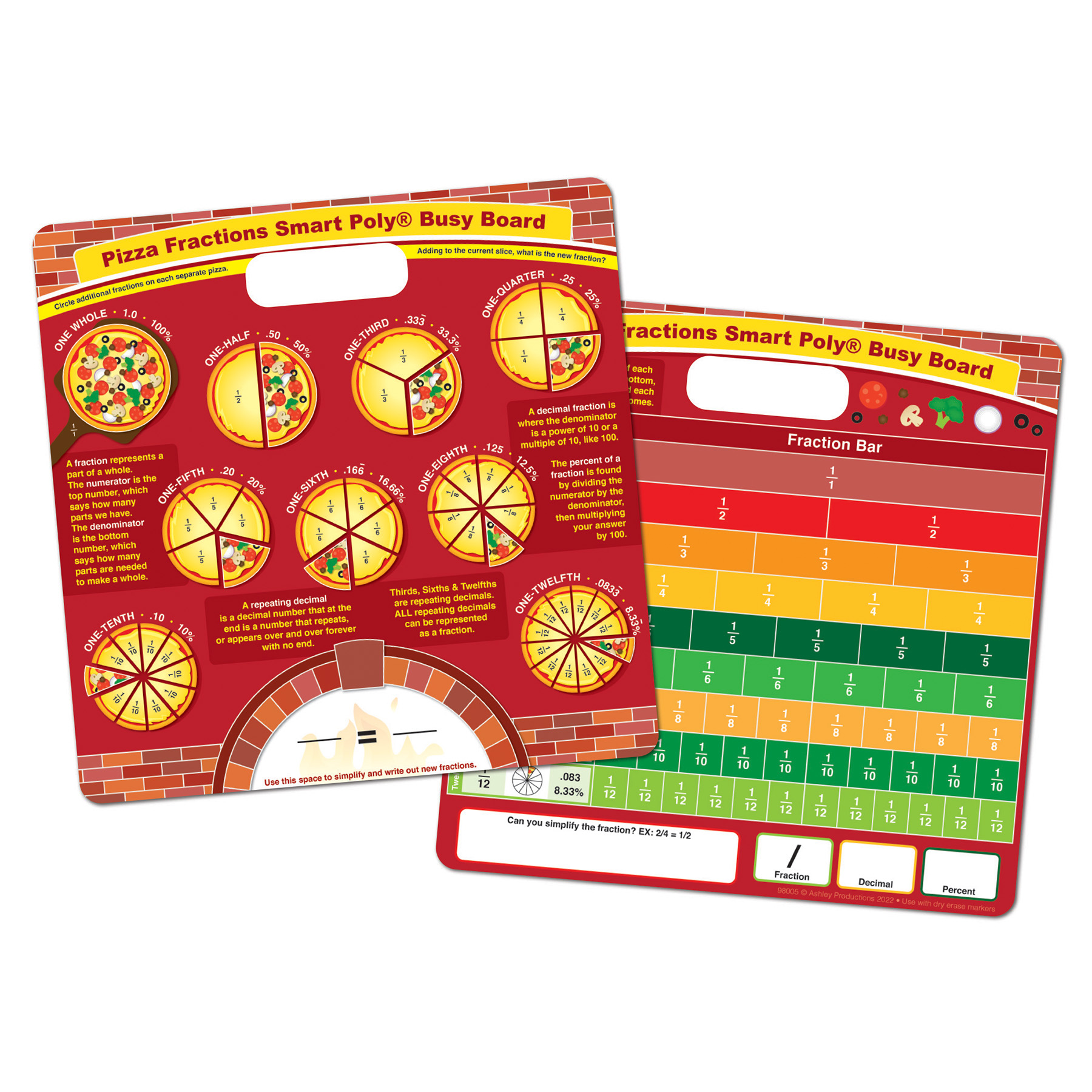 Smart Poly Educational Activity Busy Board, Dry Erase with Marker, 10-3/4" x 10-3/4", Pizza Fractions