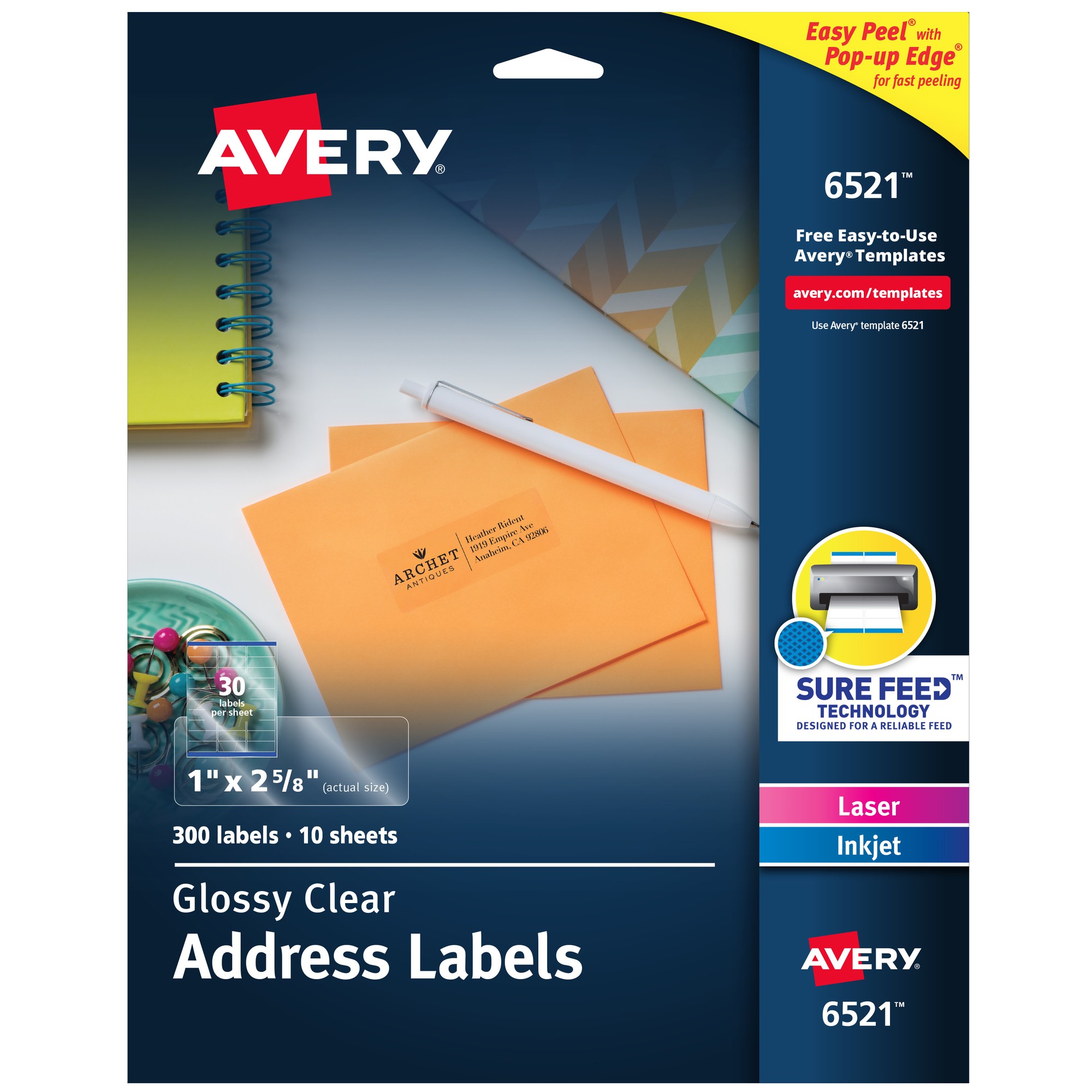 Glossy Clear Easy Peel Mailing Labels, 1 x 2 5/8, 30/Sheet, 10 Sheets/Pack