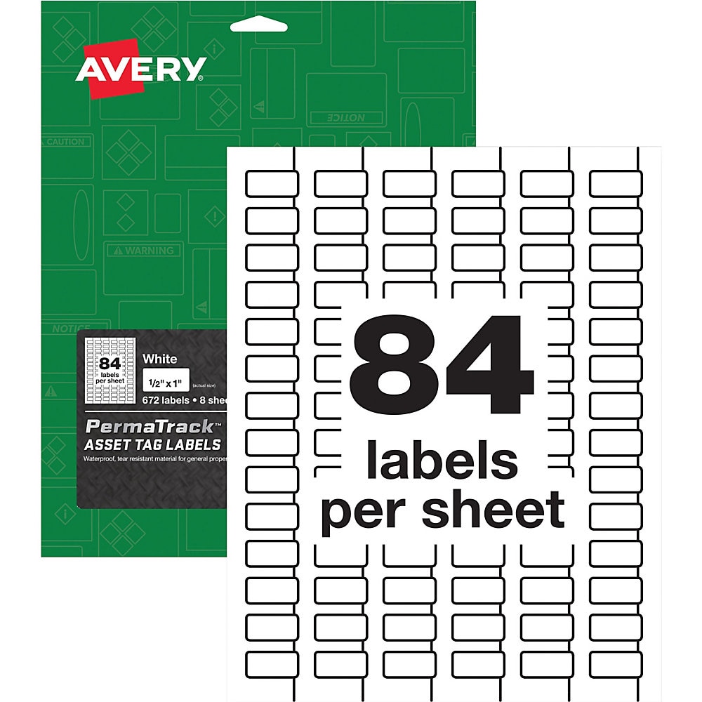 PermaTrack Durable White Asset Tag Labels, Laser Printers, 0.5 x 1, White, 84/Sheet, 8 Sheets/Pack