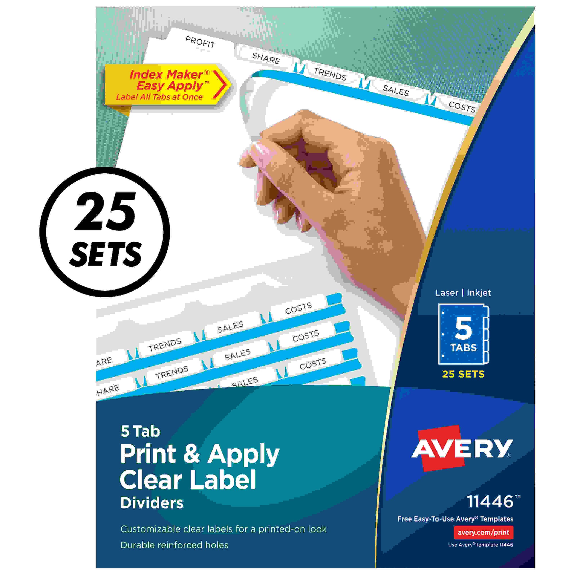 Print & Apply Clear Label Dividers w/White Tabs, 5-Tab, Letter, 25 Sets