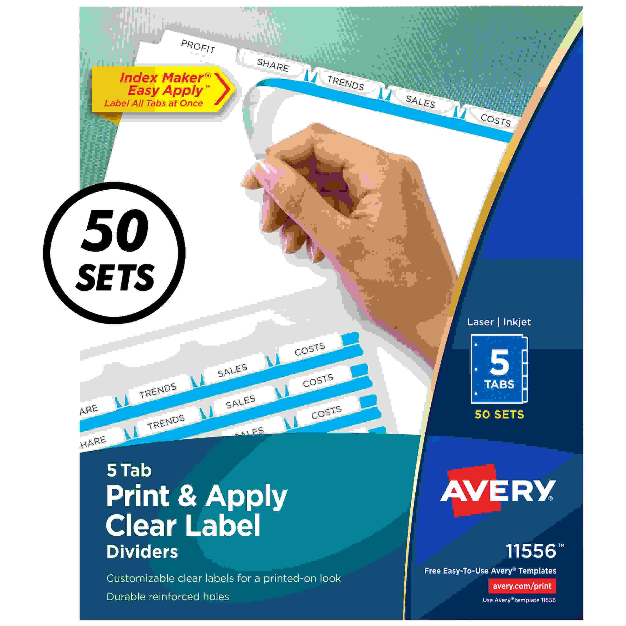 Print & Apply Clear Label Dividers w/White Tabs, 5-Tab, Letter, 50 Sets