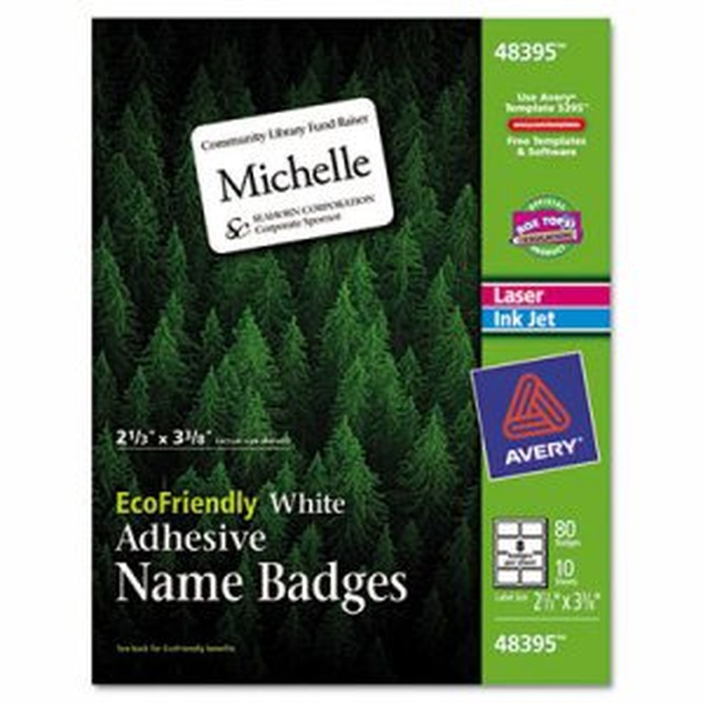 EcoFriendly Adhesive Name Badge Labels, 2 1/3 x 3 3/8, White, 80/Pack
