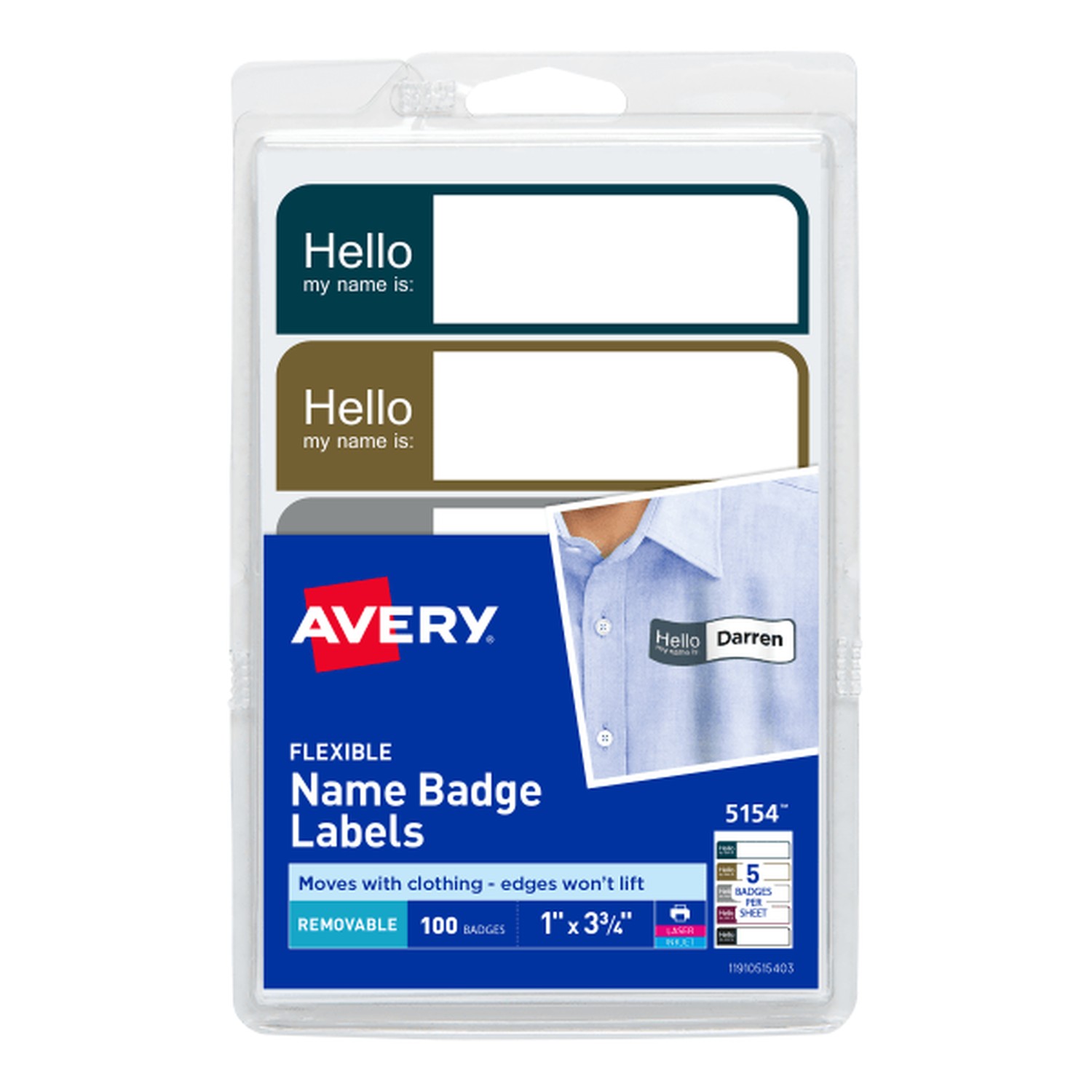 Avery "Hello" Flexible Self-Adhesive Name Badge Labels, 1 x 3-3/4, Prof. Asst, 100/Pack 