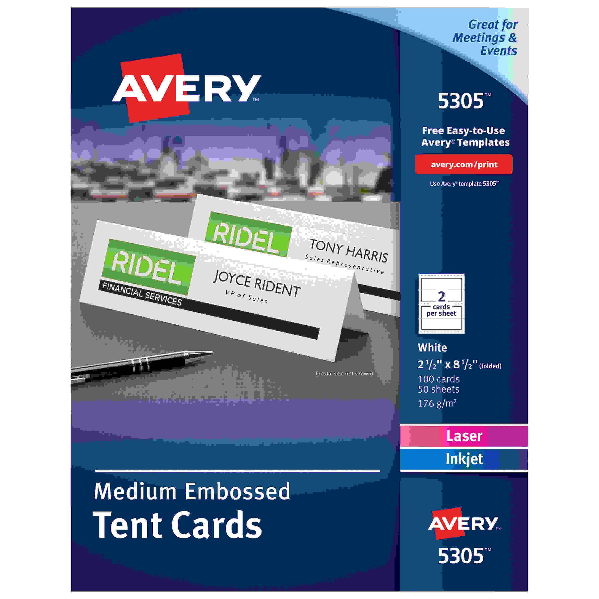 Medium Embossed Tent Cards, White, 2 1/2 x 8 1/2, 2 Cards/Sheet, 100/Box