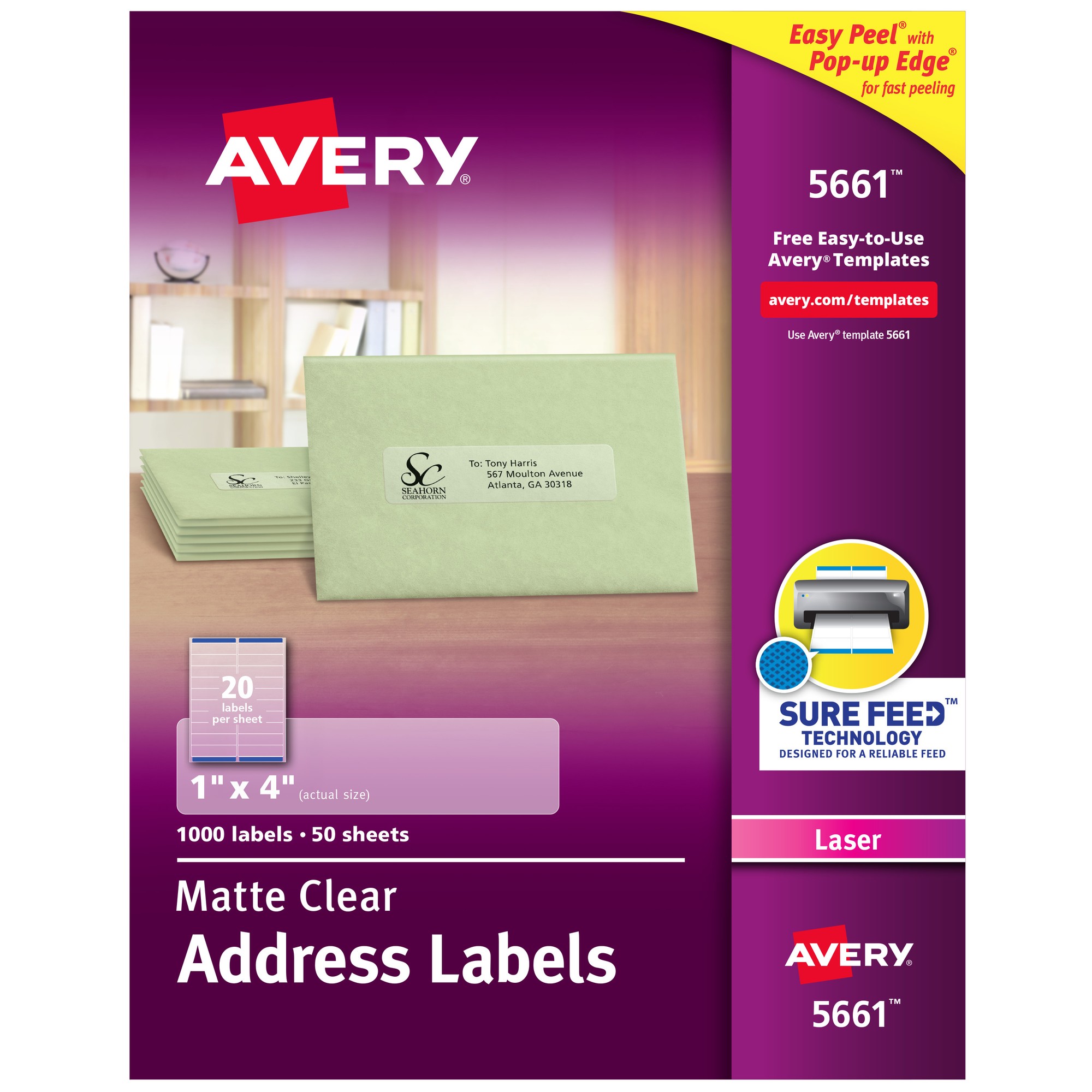 Clear Easy Peel Address Labels, Laser, 1 x 4, 1000/Box