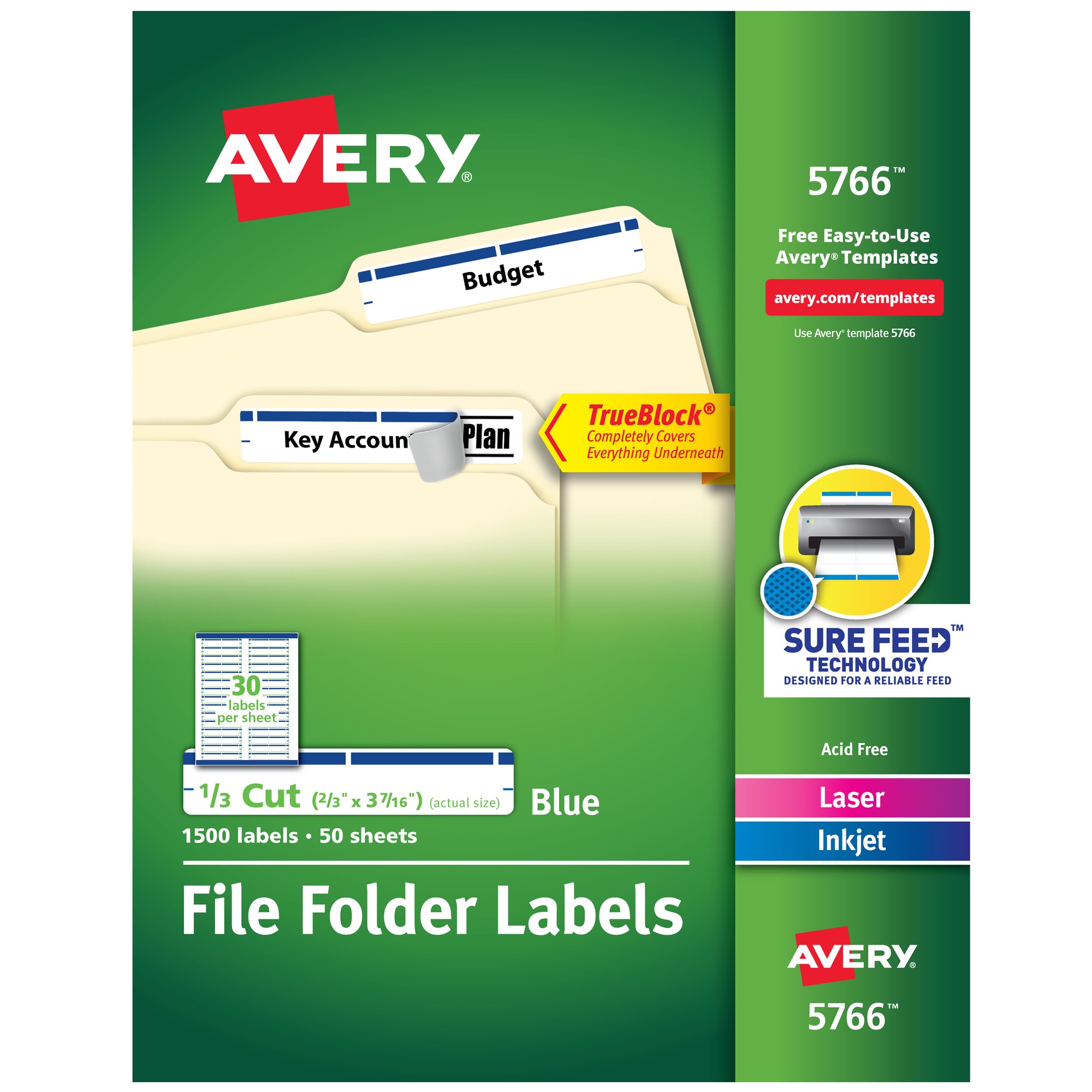 Permanent File Folder Labels, TrueBlock, Inkjet/Laser, Blue, 1500/Box