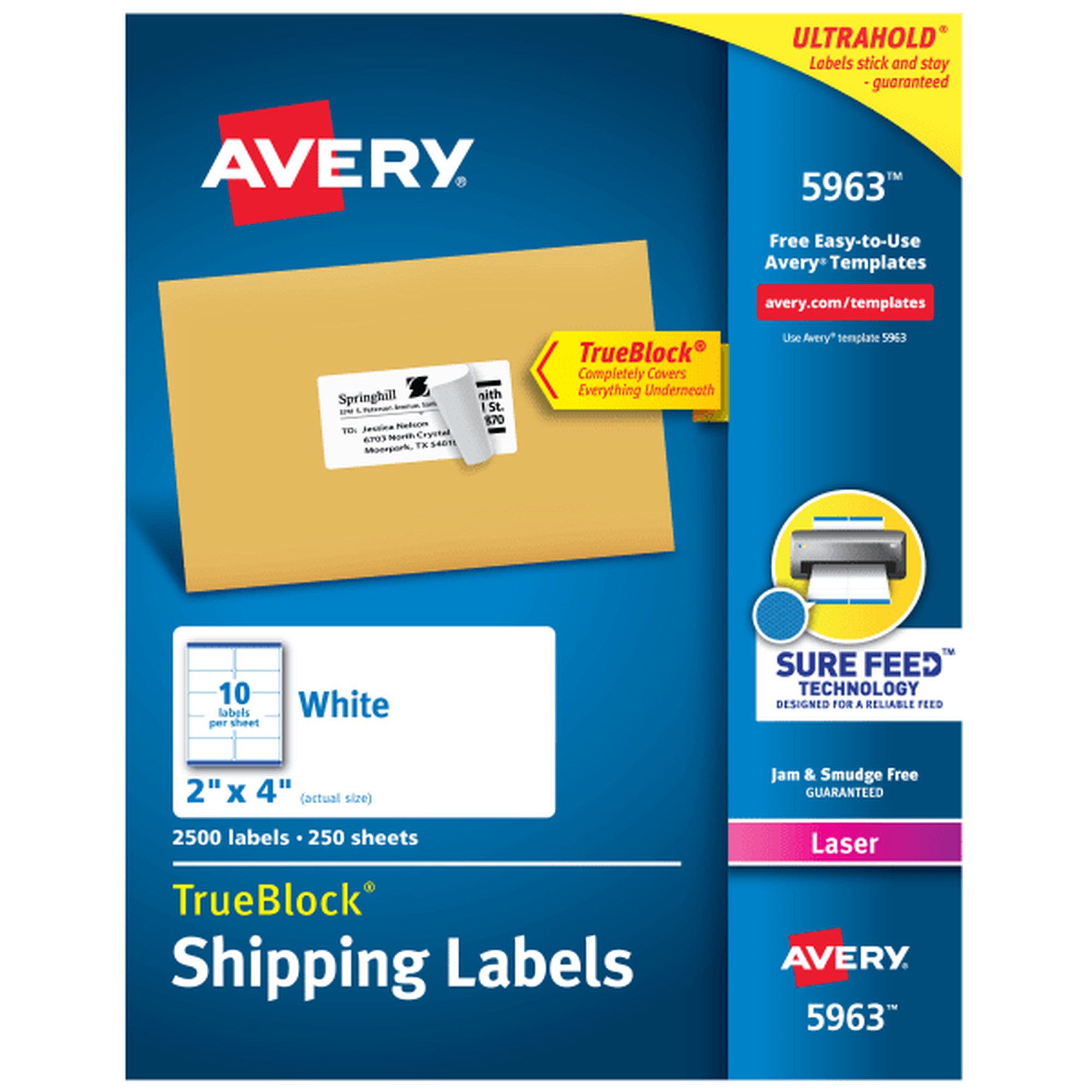 Shipping Labels with TrueBlock Technology, Laser, 2 x 4, White, 2500/Box
