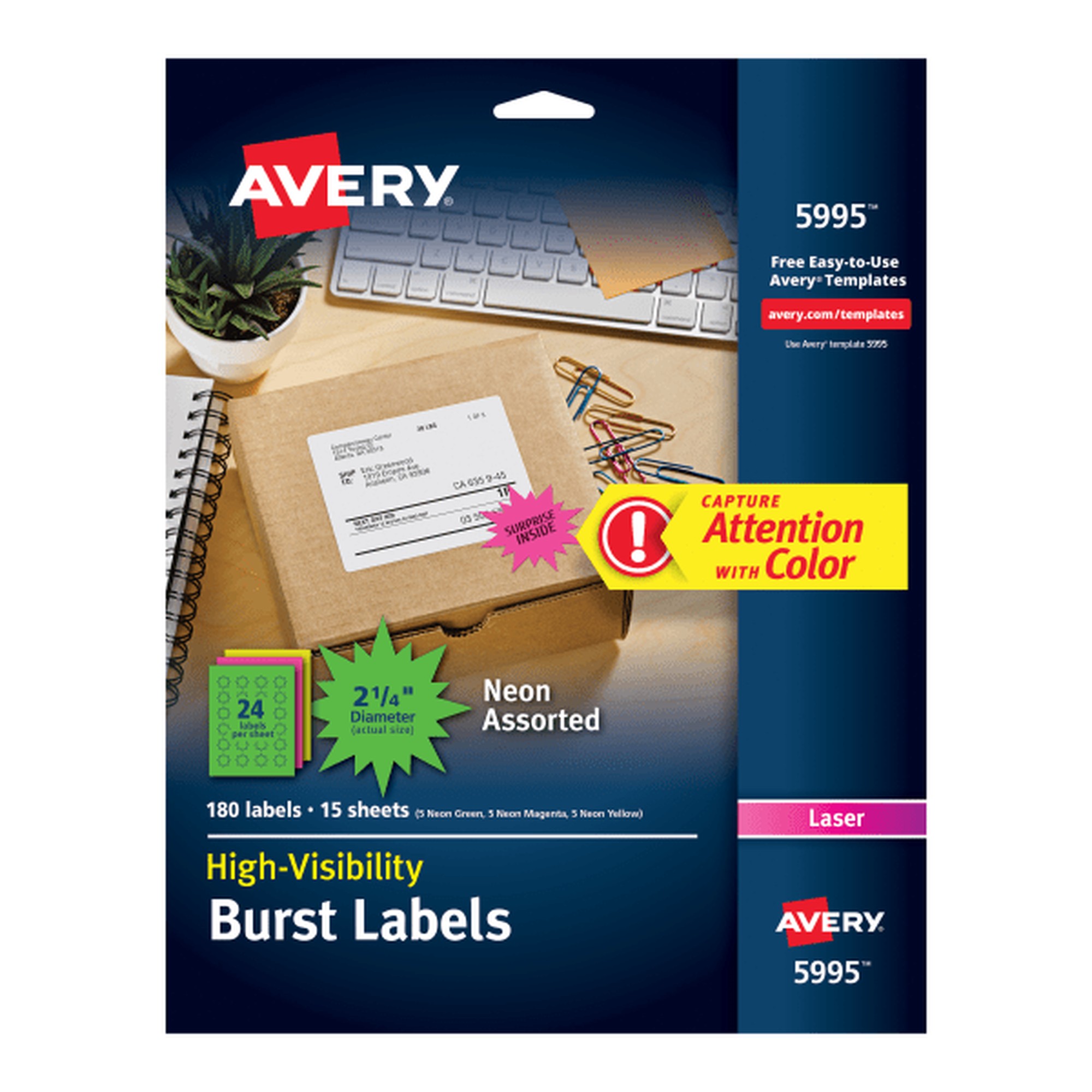 High-Visibility Permanent ID Label Bursts, Laser, 2 1/4 dia, Asst. Neon, 180/Pack