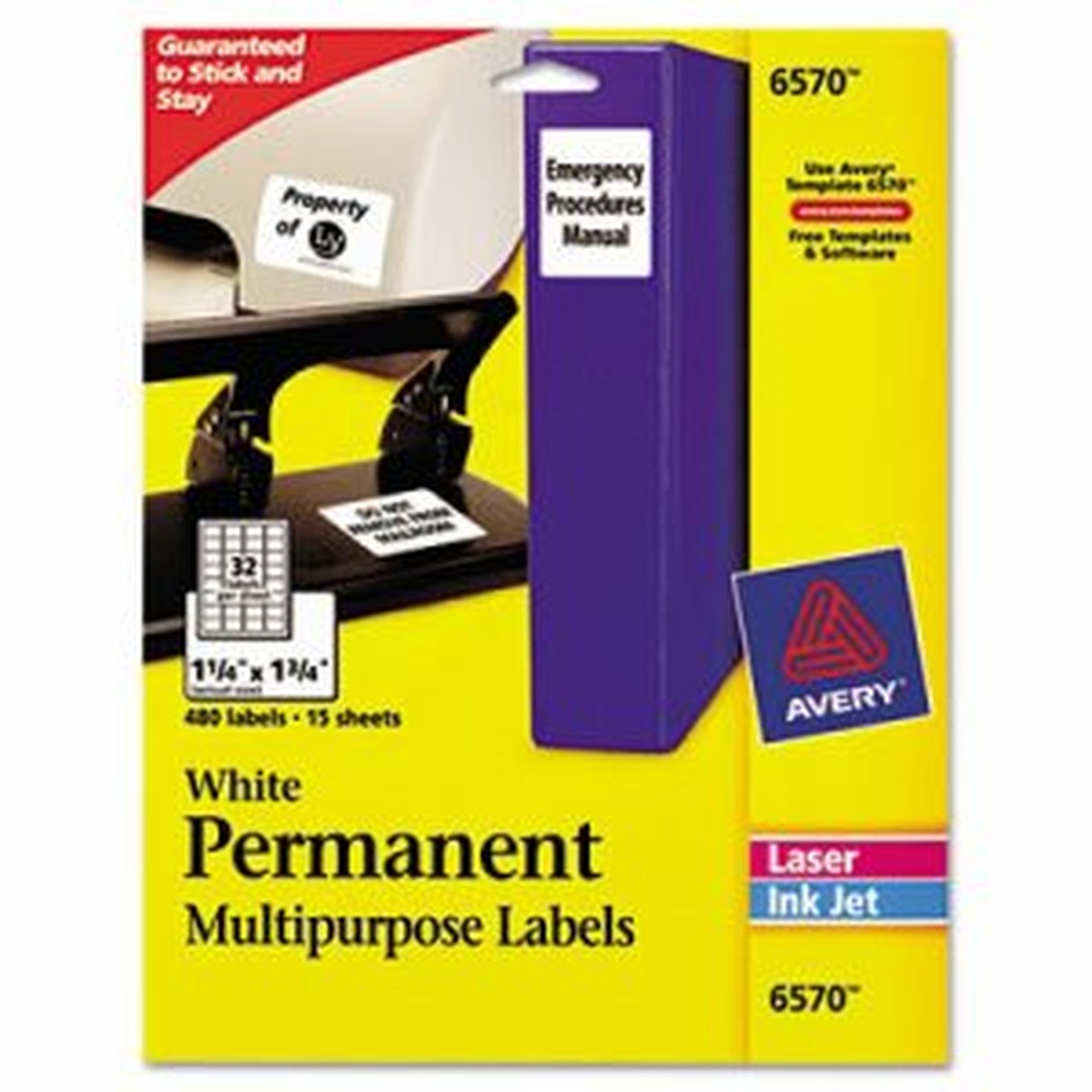 Permanent ID Labels, Inkjet/Laser, 1 1/4 x 1 3/4, White, 480/Pack