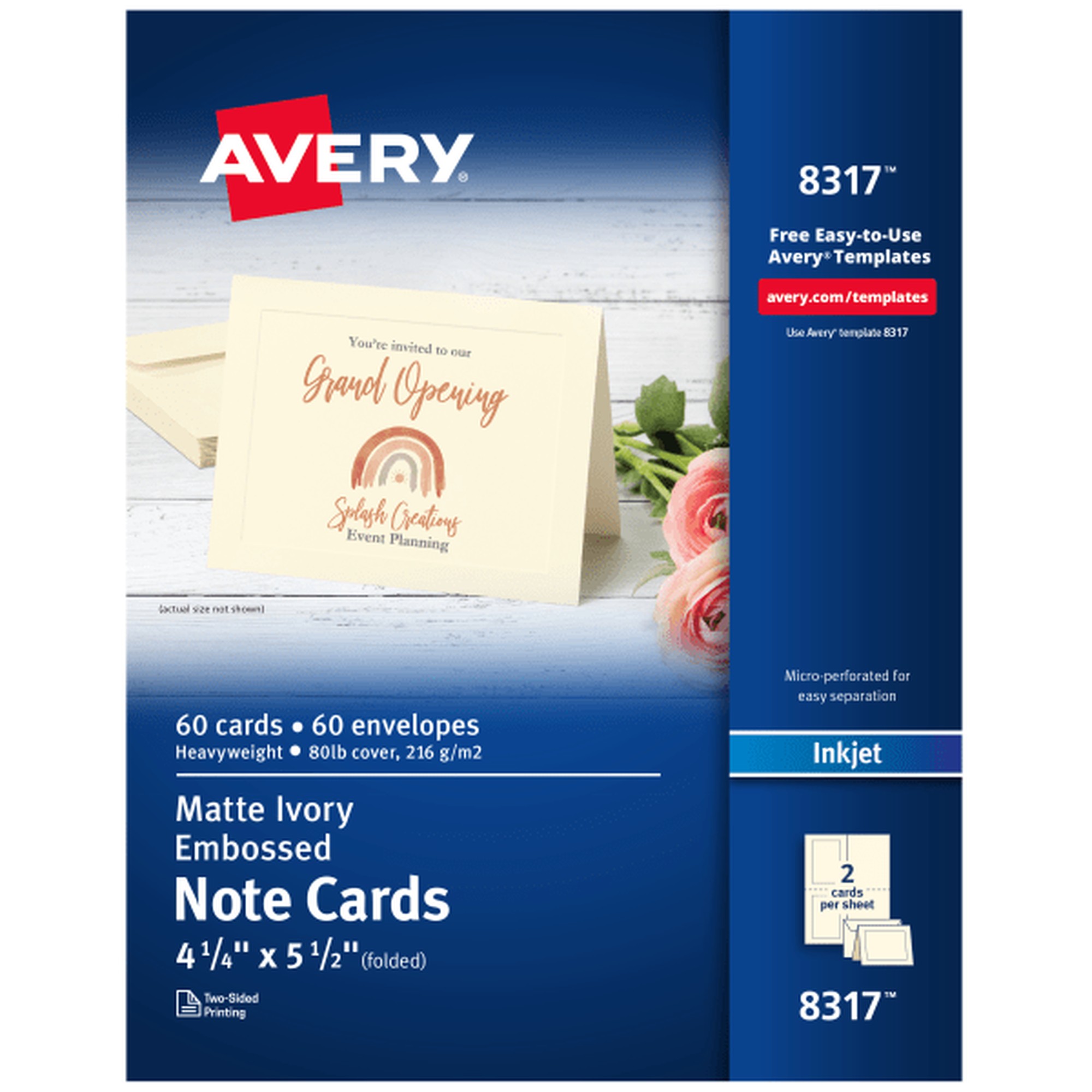 Embossed Note Cards, Inkjet, 4 1/4 x 5 1/2, Matte Ivory, 60/Pk w/Envelopes
