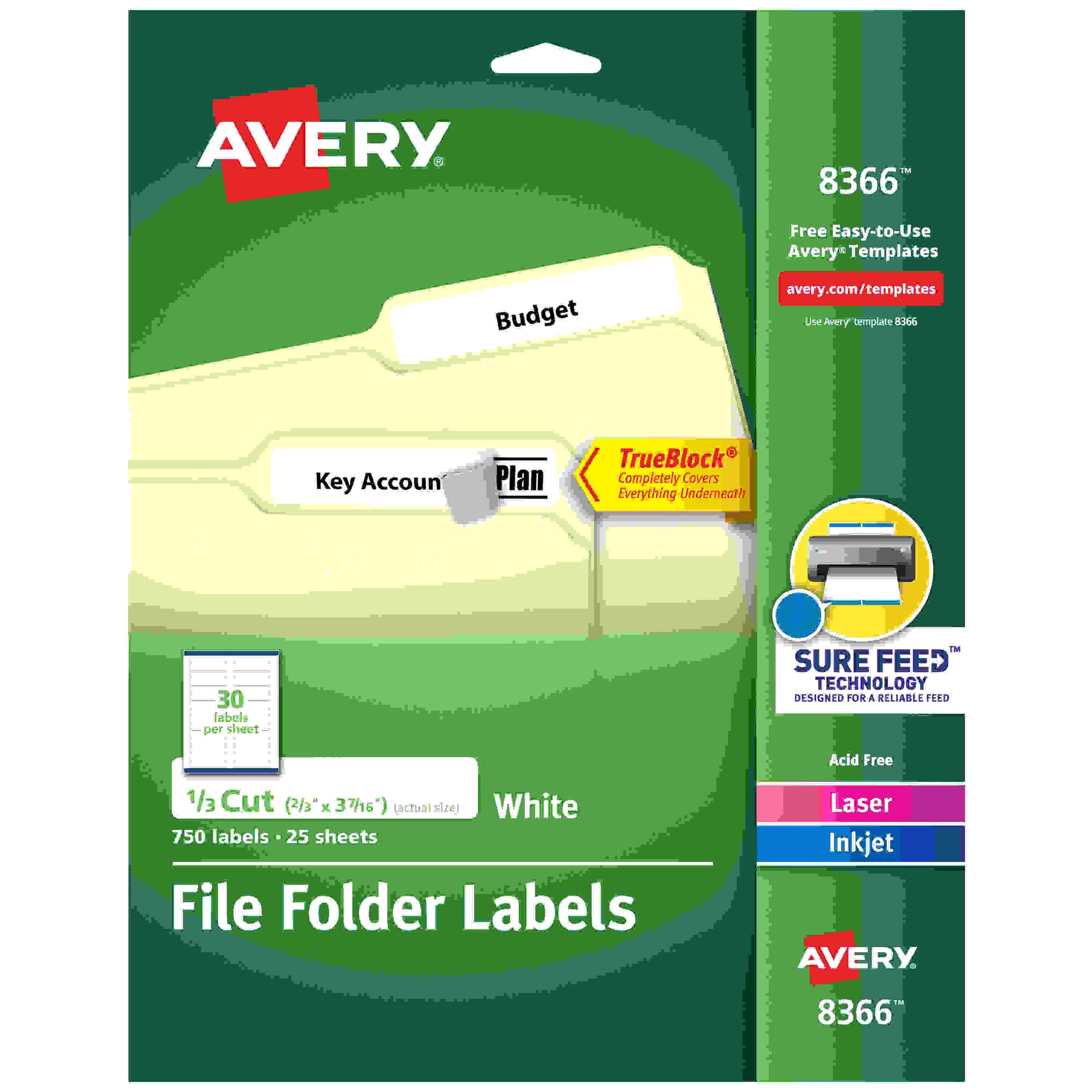 Permanent File Folder Labels, TrueBlock, Inkjet/Laser, White, 750/Pack
