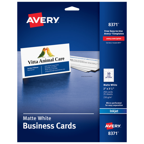 Printable Microperf Business Cards, Inkjet, 2 x 3 1/2, White, Matte, 250/Pack